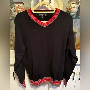 Men's Vintage Black Koman Long-Sleeve V-Neck Sweater Red Trim Large